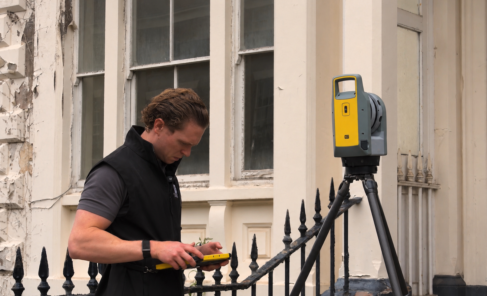 Measured Building Survey X7 Laser Scanner — 105 Surveys surveyor operating Trimble X7 on site